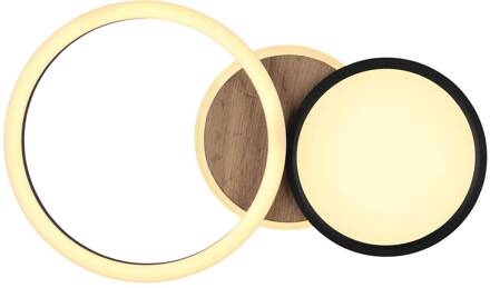 Globo LED plafondlamp Sid met hout, 3-lamps zwart, hout donker