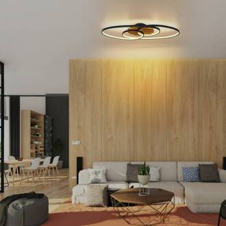 Globo LED plafondlamp Tisha I, matzwart/hout, lengte 85 cm zwart mat, hout, opaal