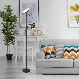 Globo LED vloerlamp Davyd, zwart, 178 cm, leeslampje, ventilator zwart, opaal