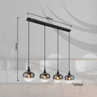 Globo Maxy hanglamp, lengte 100 cm, rookgrijs, glas, 4-lamps. rokerig grijs-transparant, helder, zwart