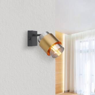 Globo Milley wandspot, hoogte 17 cm, messingkleurig, metaal zwart, messing, rookgrijs