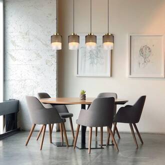 Globo Olga hanglamp, lengte 91 cm, zwart, 4-lamps, metaal/glas matzwart, messingkleurig, gesatineerd, transparant