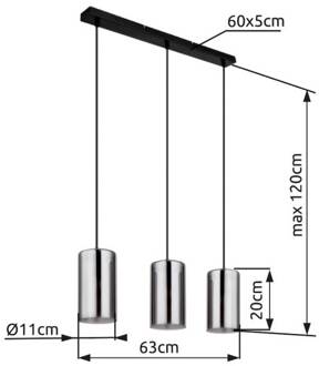 Globo Olly hanglamp, lengte 63 cm, rookgrijs, glas, 3-lamps. rookgrijs-transparant, zwart mat