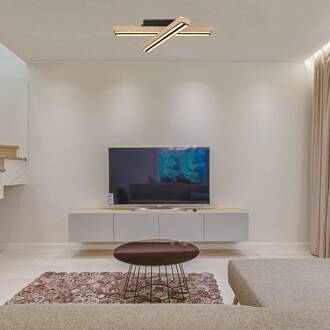 Globo Plafondlamp Doro, lengte 51,5 cm, eiken, hout zwart, eik, opaal