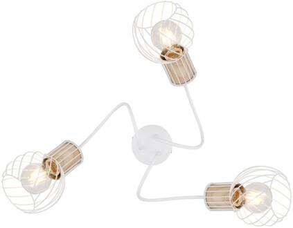 Globo Plafondlamp Luise in wit en houtoptiek, 3-lamps wit, licht hout