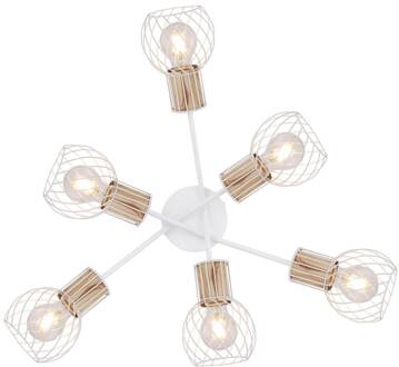Globo Plafondlamp Luise in wit en houtoptiek, 6-lamps wit, licht hout