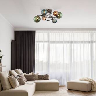 Globo Plafondlamp Riha, Ø 65 cm, kleurrijk, glas/metaal brons, groen, petrol