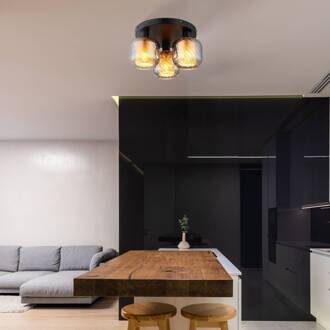 Globo Plafondlamp Xia, Ø 37 cm, rookgrijs, 3-lamps, glas rookgrijs, zwart, opaal