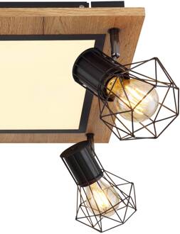 Globo Priska plafondlamp met LEDs, 4-lamps, 45x45cm zwart mat, licht hout, gesatineerd