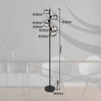 Globo Riha vloerlamp, hoogte 155 cm, zwart/rookkleurig, 6-lamps. matzwart, rookgrijs-transparant