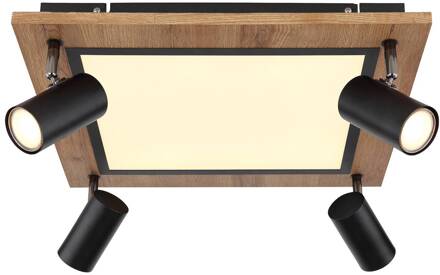 Globo Ulla plafondlamp met LED's, 5-lamps, 45x45cm matzwart, licht hout, gesatineerd