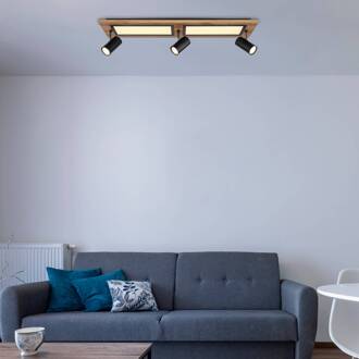 Globo Ulla plafondlamp met LEDs, 5-lamps, 80x20cm zwart mat, licht hout, gesatineerd