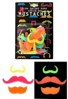 Glow in de dark verkleed snorren - 6x stuks - plastic - gekleurde feest snorren Multi