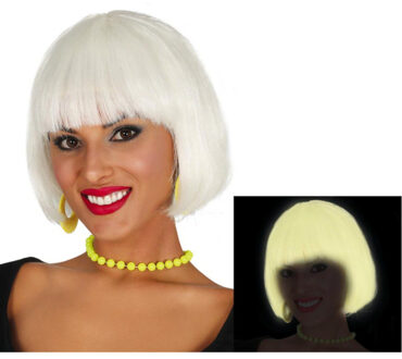 Glow in the dark pruik - kort haar - wit - dames - Halloween/spook/heks
