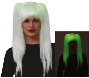 Glow in the dark pruik - lang haar - blond - dames - Halloween/spook/heks