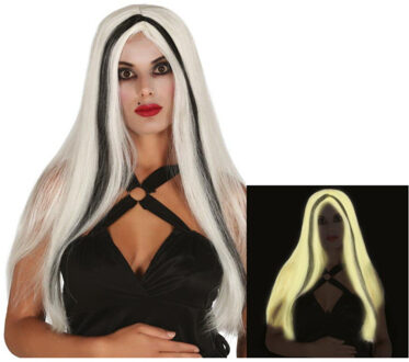 Glow in the dark pruik - lang haar - wit - dames - Halloween/spook/heks