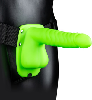 Glow in the Dark Ribbed Hollow Strap-On met Ballen - 8 / 21 cm - Neon Groen