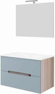 Go by Van Marcke Badkamermeubelset Van Marcke Arco Compleet Set 80CM Pastelblauw Rook Eiken Met Spiegel