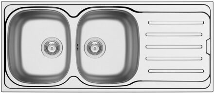 Go Callisto spoeltafel 1160 x 500 mm D92 mm met 2 bakken roestvrij staal gepolijst sifon dubbel plaatsbesparend plug met overloop plug zonder overloop inoxclean staaltje 50ml
