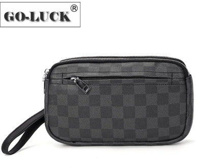 GO-LUCK Brand Design Men Wristlet Clutch Bag Leather Fashon Business Mobile Phone Wallet Double Zipper Chess Plaid