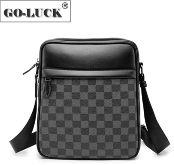GO-LUCK Men's Shoulder Bag Microfiber Synthetic Leather Crossbody Messenger Bags Men Zipper Chess Plaid Packs Casual Fashion