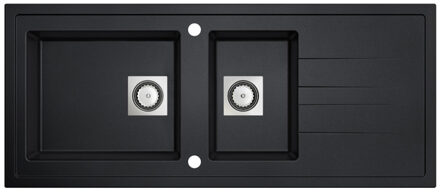 Go Molto inbouwspoeltafel composiet met 2 bakken met afdruip 1170 x 500 mm met vierkante manuele plug omkeerbaar zwart onderkast 80 cm