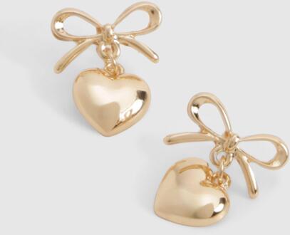 Gold Bow & Heart Drop Earrings, Gold - ONE SIZE