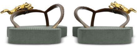 Gold crocodile switch legergroen dames slippers, , maat: Bruin/groen - 39-40