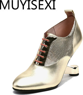 Gold Pumps Genuine Leather Women 8cm High Heels Metal Strange Lace Up Autumn Shoes Women Unique White Black HL184 MUYISEXI