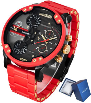 Gold Watch Men Luxury Brand Famous Dual Time Military Relogio Masculino 57mm 3D Large Case Quartz Mens Watches Red Male Clock