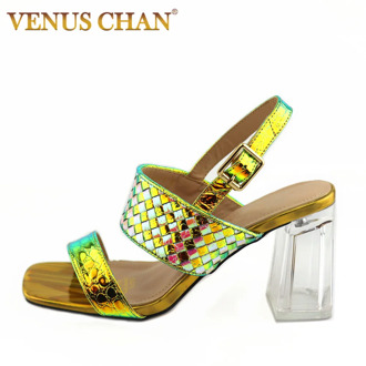 Golden Elegant Fancy Sandals Women Girls Dress High Heels Italian Blue Green Square Heeled Sandals Female Summer Shoes