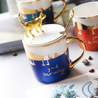 Golden Keramiek Bevestigd Deksel En Lepel Geschenkdoos Koffie Mok Minnaar Thee Melk Cup Creatieve Anniversary Blauw