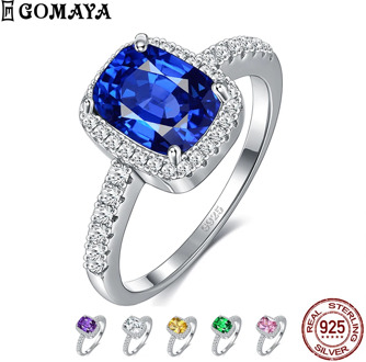 GOMAYA 6 Colors Real Sterling Silver Ring Emerald Gemstone Cubic Zirconia Rings For Women Wedding Party Ring Silver 925 Jewelry