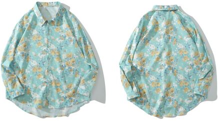 Gonthwid Geel Rose Bloemen Bloemenprint Lange Mouw Hawaiian Shirts Heren Harajuku Casual Beach Shirt Tropische Tops Xxl