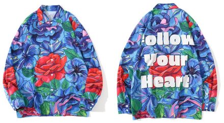 Gonthwid Rose Bloemen Print Bloemen Hawaiian Strand Shirts Streetwear Mannen Hip Hop Harajuku Lange Mouw Knop Party Blouse Tops XL