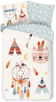 Good Morning Dekbedovertrek Katoen-Flanel - Dreamy - Eenpersoons (140x200 Cm) - Meerkleurig & Creme & Blauw Flanel Katoen - Dieren & Stippen & Natuur - Good - Dekbed-Discounter.nl Meerkleurig,Creme,Blauw - 140 x 200/220 cm