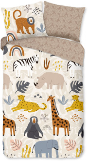 Good Morning Dekbedovertrek Katoen-Flanel - Jungle - Eenpersoons (140x200 Cm) - Meerkleurig & Creme & Groen Flanel Katoen - Dieren & Stippen & Natuur - Good - Dekbed-Discounter.nl Meerkleurig,Creme,Groen - 140 x 200/220 cm