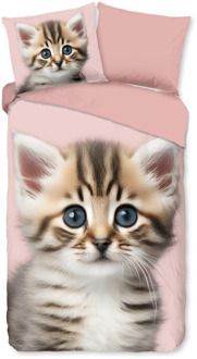 Good Morning Dekbedovertrek Katoen-Flanel - Meow - Eenpersoons (140x200 Cm) - Meerkleurig & Roze Flanel Katoen - Dieren & Natuur - Good Morning - Dekbed-Discounter.nl Meerkleurig,Roze - 140 x 200/220 cm