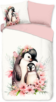 Good Morning Dekbedovertrek Katoen-Flanel - Penny - Eenpersoons (140x200 Cm) - Meerkleurig & Roze & Wit Flanel Katoen - Dieren & Natuur & Bloemen - Good Morning - Dekbed-Discounter.nl Meerkleurig,Roze,Wit - 140 x 200/220 cm