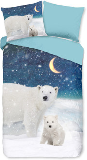 Good Morning Dekbedovertrek Katoen-Flanel - Polar - Eenpersoons (140x200 Cm) - Meerkleurig & Wit & Blauw Flanel Katoen - Dieren & Natuur - Good Morning - Dekbed-Discounter.nl Meerkleurig,Wit,Blauw - 140 x 200/220 cm