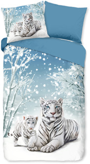 Good Morning Dekbedovertrek Katoen-Flanel - Safe - Eenpersoons (140x200 Cm) - Meerkleurig & Wit & Blauw Flanel Katoen - Dieren & Stippen & Natuur - Good Morning - Dekbed-Discounter.nl Meerkleurig,Wit,Blauw - 140 x 200/220 cm