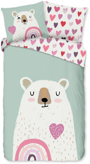 Good Morning Dekbedovertrek Katoen-Flanel - Ted - Eenpersoons (140x200 Cm) - Meerkleurig & Wit & Groen Flanel Katoen - Dieren & Stippen & Natuur - Good Morning - Dekbed-Discounter.nl Meerkleurig,Wit,Groen - 140 x 200/220 cm