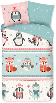 Good Morning Dekbedovertrek Katoen-Flanel - Turr - Eenpersoons (140x200 Cm) - Meerkleurig & Wit & Blauw Flanel Katoen - Dieren & Strepen & Stippen - Good Morning - Dekbed-Discounter.nl Meerkleurig,Wit,Blauw - 140 x 200/220 cm