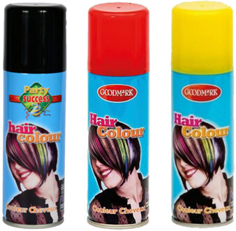 goodmark Carnaval verkleed haarverf - haarspray - 3 kleuren - geel-zwart-rood - 125 ml per flacon