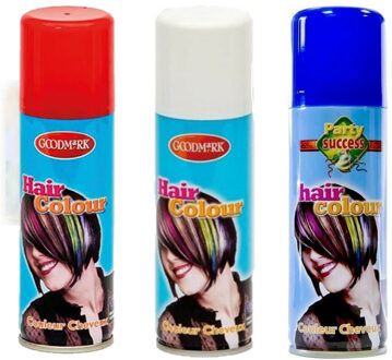 goodmark Carnaval verkleed haarverf - haarspray - 3 kleuren - rood-wit-blauw - 125 ml per flacon