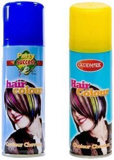 goodmark Carnaval verkleed haarverf - haarspray - kleuren geel en blauw - 125 ml per flacon