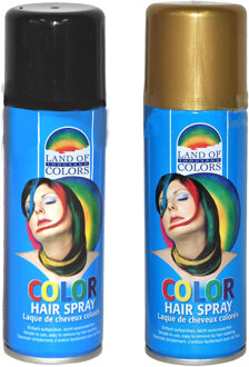 goodmark Carnaval verkleed haarverf - haarspray - kleuren goud en zwart - 111 ml per flacon