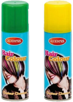 goodmark Carnaval verkleed haarverf - haarspray - kleuren groen en geel - 125 ml per flacon