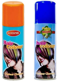 goodmark Carnaval verkleed haarverf - haarspray - kleuren oranje en blauw - 125 ml per flacon