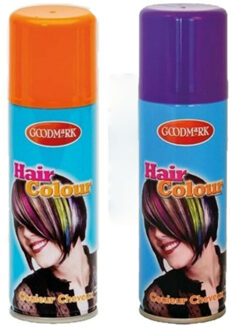 goodmark Carnaval verkleed haarverf - haarspray - kleuren oranje en paars - 125 ml per flacon
